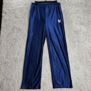 Vintage New York Yankees Pants Women Large 15/16 Blue Satin‎ Embroidered MLB